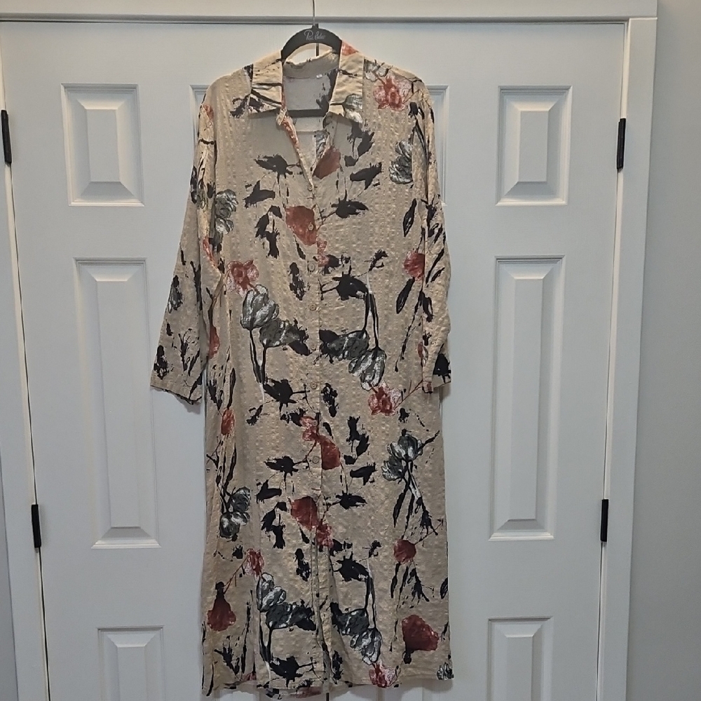 YMING Long Sleeve Button Down Shirt Dress A-Line Floral Print Maxi Dress L NEW - Picture 2 of 8